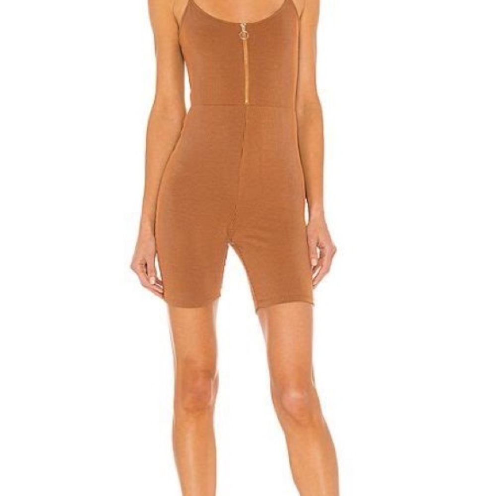 michael costello x revolve myla tan stripe bodysuit/romper